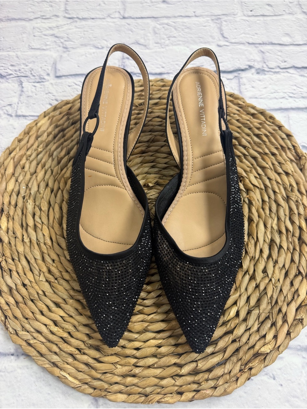 Adrienne Vittadini Black Embellished Slingback Pointed Flats. Size 11.